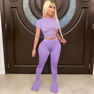 S-XXL 2Pcs/Set Sexy Solid Color Mesh Hollow Short Sleeve Top And Flare Trousers