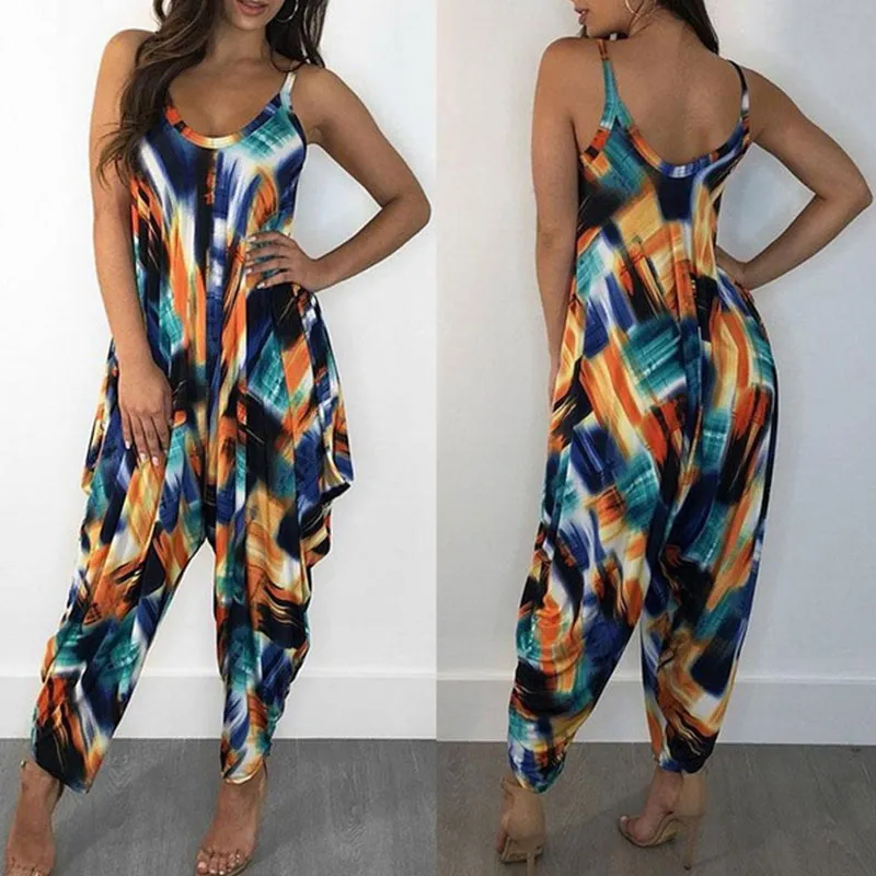 S-3XL Women Fashion Backless Graphic Print Loose Pattern Sling Jumpsuits