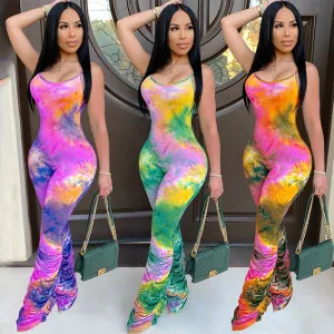 S-XXL Sexy Tie-dye Tight Crease Sling Jumpsuits