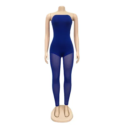 S-XL Sexy Backless Solid Color Strapless See-through Jumpsuits