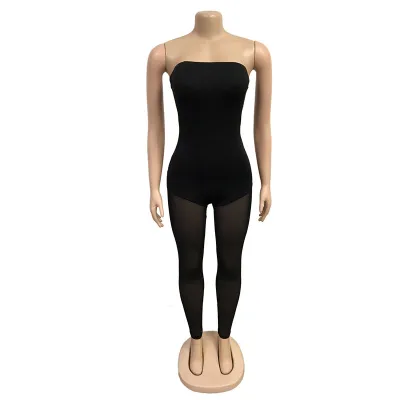 S-XL Sexy Backless Solid Color Strapless See-through Jumpsuits