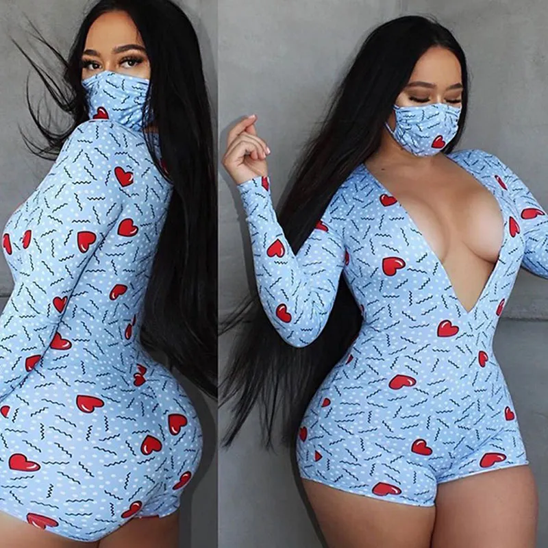 S-XL Sexy V-neck Heart Print Long Sleeve Tight Rompers