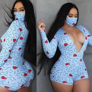 S-XL Sexy V-neck Heart Print Long Sleeve Tight Rompers
