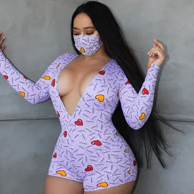 S-XL Sexy V-neck Heart Print Long Sleeve Tight Rompers