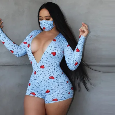 S-XL Sexy V-neck Heart Print Long Sleeve Tight Rompers