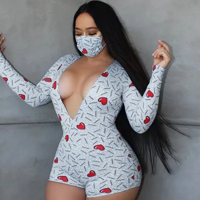 S-XL Sexy V-neck Heart Print Long Sleeve Tight Rompers