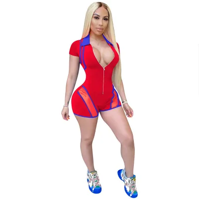 S-XXL Sexy Lapel Zipper Hollow Patchwork Short Sleeve Rompers