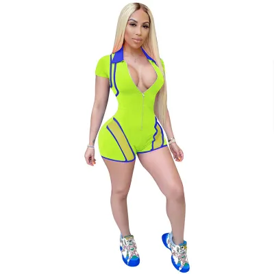 S-XXL Sexy Lapel Zipper Hollow Patchwork Short Sleeve Rompers
