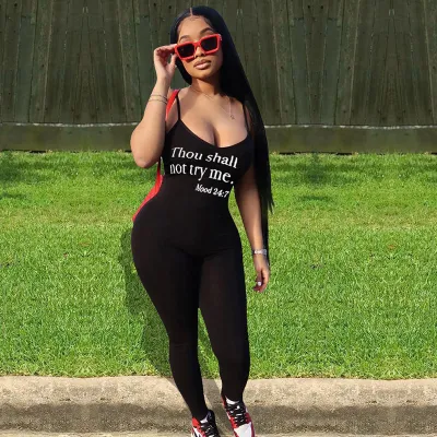 S-XXL Sexy Backless Letter Print Tight Sling Jumpsuits