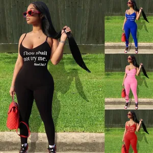 S-XXL Sexy Backless Letter Print Tight Sling Jumpsuits