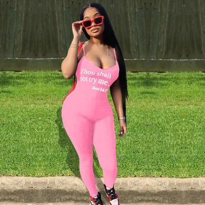 S-XXL Sexy Backless Letter Print Tight Sling Jumpsuits