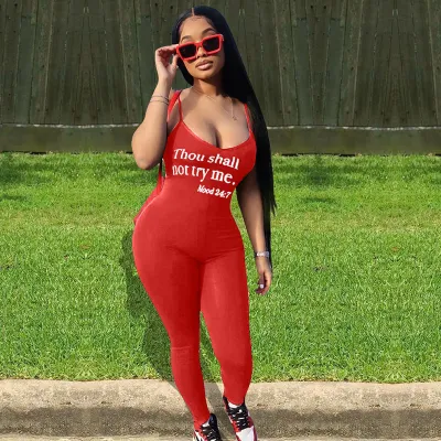 S-XXL Sexy Backless Letter Print Tight Sling Jumpsuits