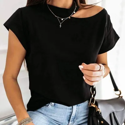 S-XXL Women's Cool Shoulder Short Sleeve T-Shirt Solid Color Office Commuting