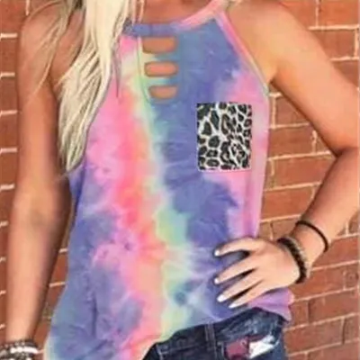 S-3XL Fashion Round Collar Sleeveless Tie-dye Loose Tank Tops