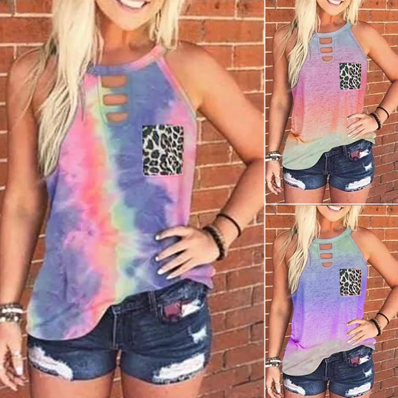 S-3XL Fashion Round Collar Sleeveless Tie-dye Loose Tank Tops