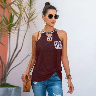 S-XXL Fashion Loose Leopard Patchwork Sleeveless Pocket Tank Tops
