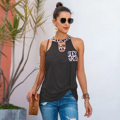S-XXL Fashion Loose Leopard Patchwork Sleeveless Pocket Tank Tops