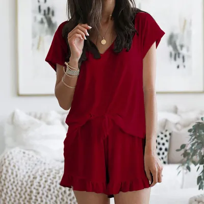 S-XXL Women Casual 2pc/set Solid Color V-neck Flounced Loungewear Pajamas