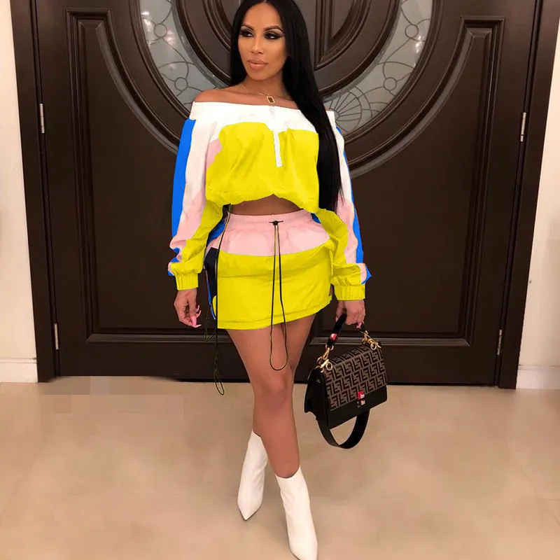 S-XXL Patchwork Off-the-Shoulder Long Sleeve Top and Drawstring Waist Skirt Two-Piece Set