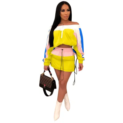 S-XXL Patchwork Off-the-Shoulder Long Sleeve Top and Drawstring Waist Skirt Two-Piece Set