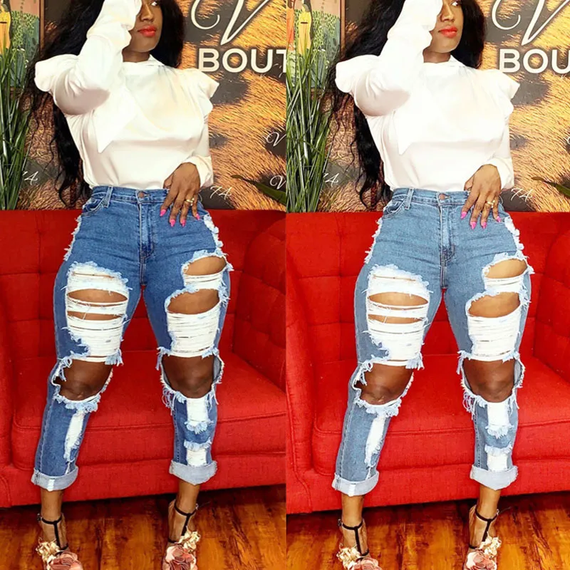 S-5XL Women Ripped Slim Fit Straight Jeans
