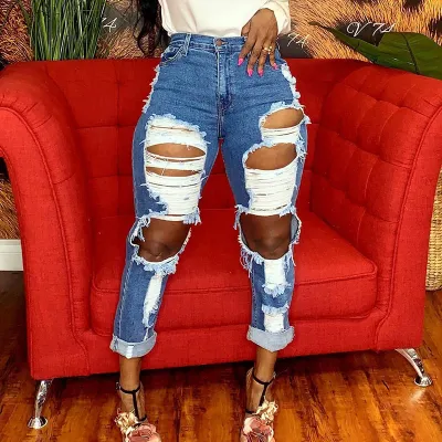 S-5XL Women Ripped Slim Fit Straight Jeans