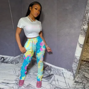 S-XXL Women Tie-Dye Crease Drawstring Waist Pants Street Hipster Style