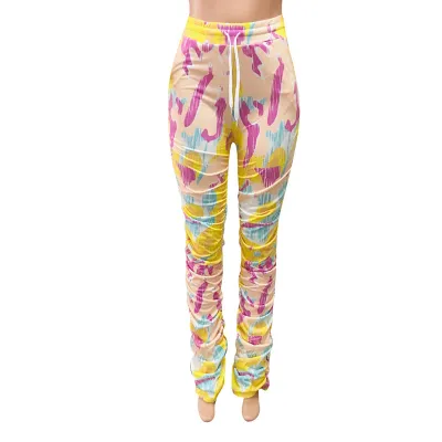 S-XXL Women Tie-Dye Crease Drawstring Waist Pants Street Hipster Style