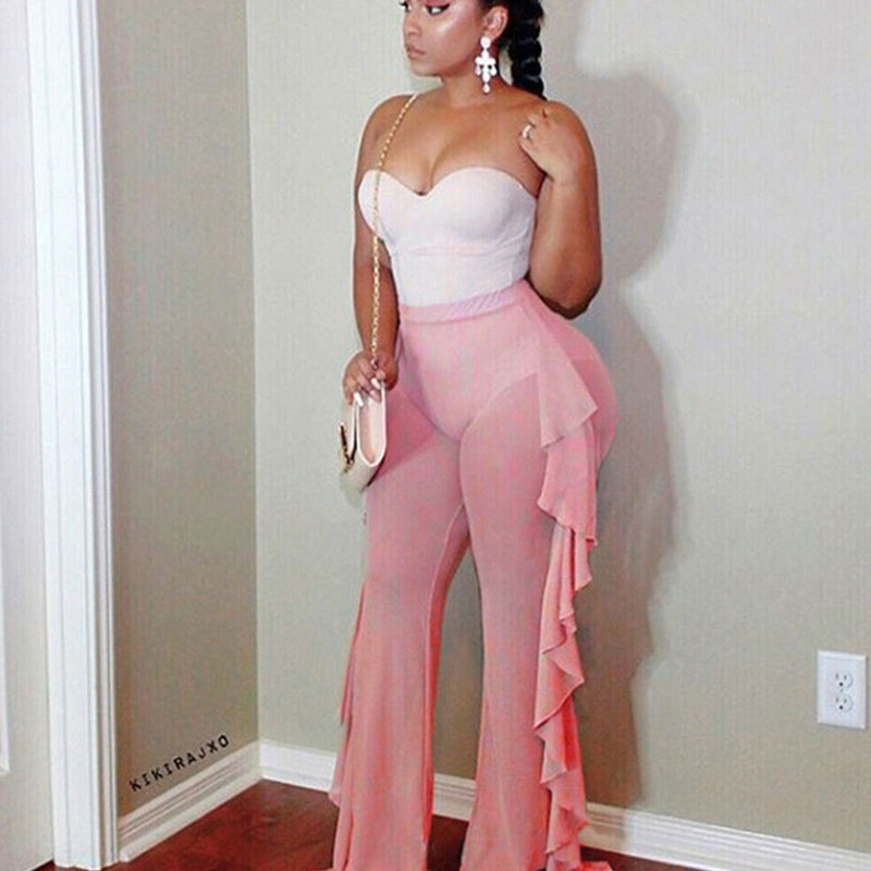Wholesale S-XXL Women Sexy Ruffled Mesh See-through Pants