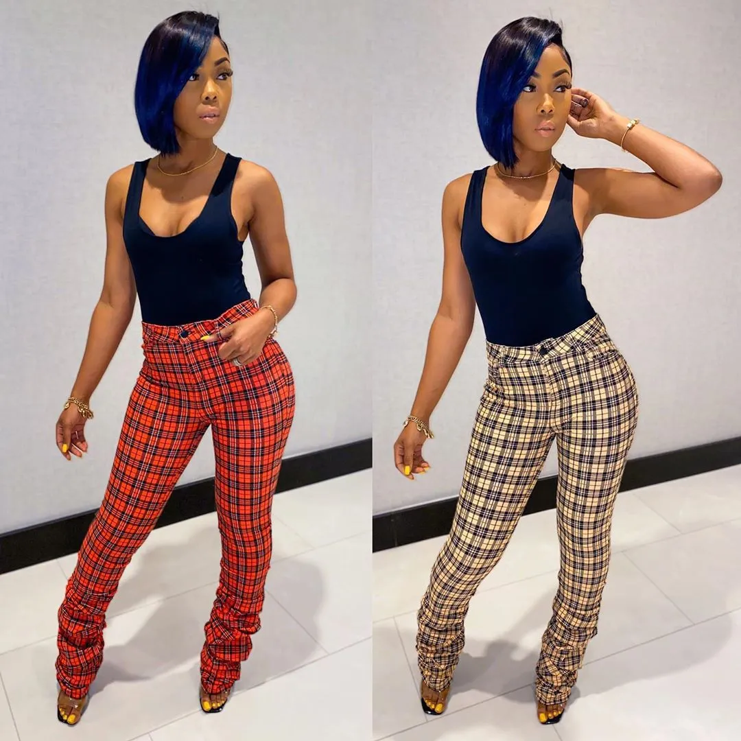 S-XXL Women Fashion Crease Plaid Flared Sweatpants