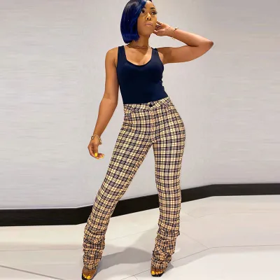S-XXL Women Fashion Crease Plaid Flared Sweatpants