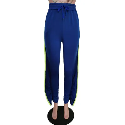 S-XXL Women Fashion Side-slit Crease Drawstring Waist Straight Pants