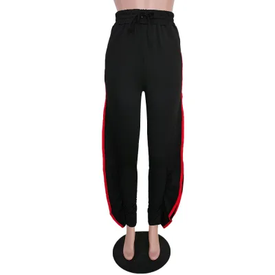 S-XXL Women Fashion Side-slit Crease Drawstring Waist Straight Pants