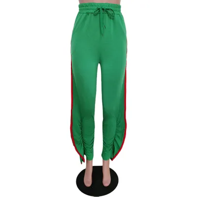 S-XXL Women Fashion Side-slit Crease Drawstring Waist Straight Pants