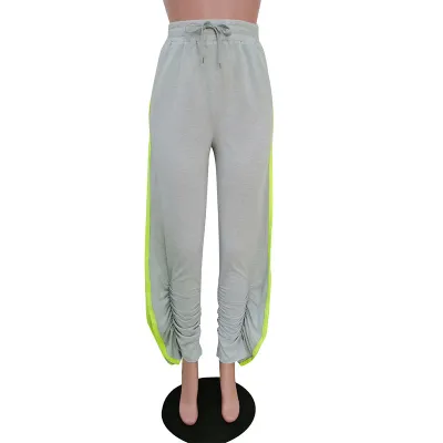 S-XXL Women Fashion Side-slit Crease Drawstring Waist Straight Pants