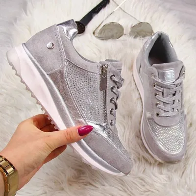 Women Fashion Solid Color Zipper Wedges Sneakers Shoes Size 4.5-12