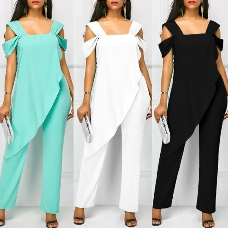 S-5XL Women Sexy Solid Color Cool-shoulder Irregular Overlap Jumpsuits