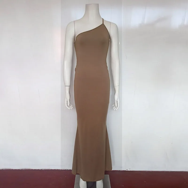 Buy Brown Malai Lycra One Shoulder Backless Dress For Women by