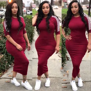 S-3XL Women Casual Street Hipster Bodycon Maxi Dress Round Neck Half Sleeve