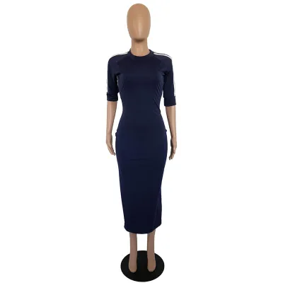 S-3XL Women Casual Street Hipster Bodycon Maxi Dress Round Neck Half Sleeve