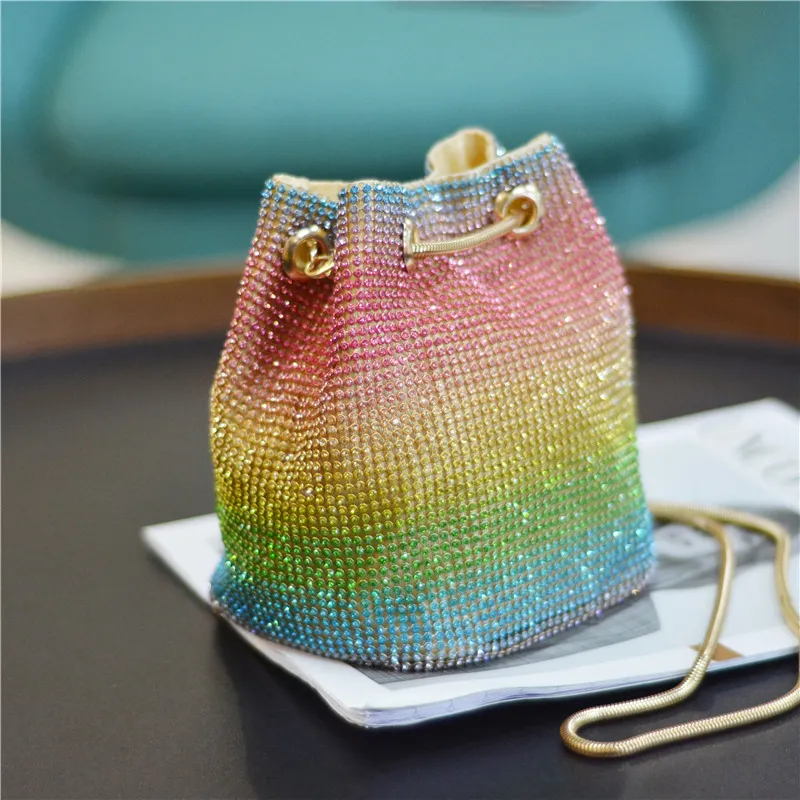Fashion Rainbow Rhinestone Decoration Chain Bucket Mini Crossbody Bag