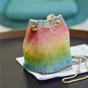 Fashion Rainbow Rhinestone Decoration Chain Bucket Mini Crossbody Bag