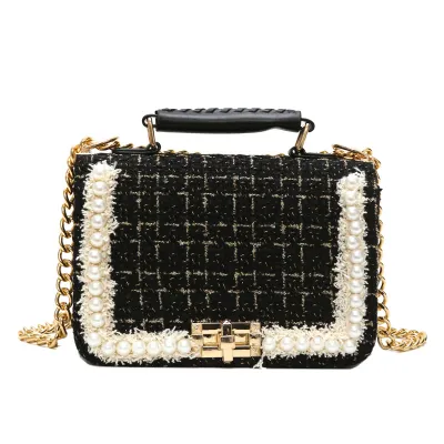 Women Elegant Pearl Decoration Chain Square Crossbody Bag