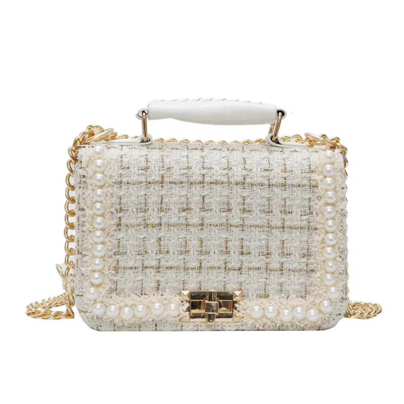 Women Elegant Pearl Decoration Chain Square Crossbody Bag