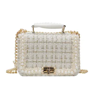 Women Elegant Pearl Decoration Chain Square Crossbody Bag