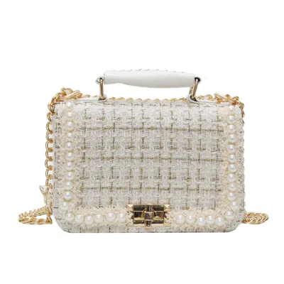 Women Elegant Pearl Decoration Chain Square Crossbody Bag