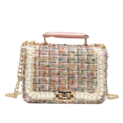 Women Elegant Pearl Decoration Chain Square Crossbody Bag