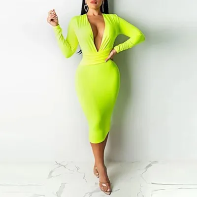 S-XXL Women Sexy Solid Color V-neck Long-sleeve Bodycon Midi Dress