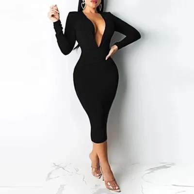 S-XXL Women Sexy Solid Color V-neck Long-sleeve Bodycon Midi Dress