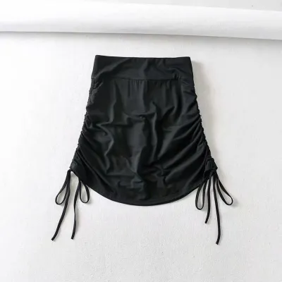 S-L Women Solid Color Sexy Crease Drawstring Tight Skirt